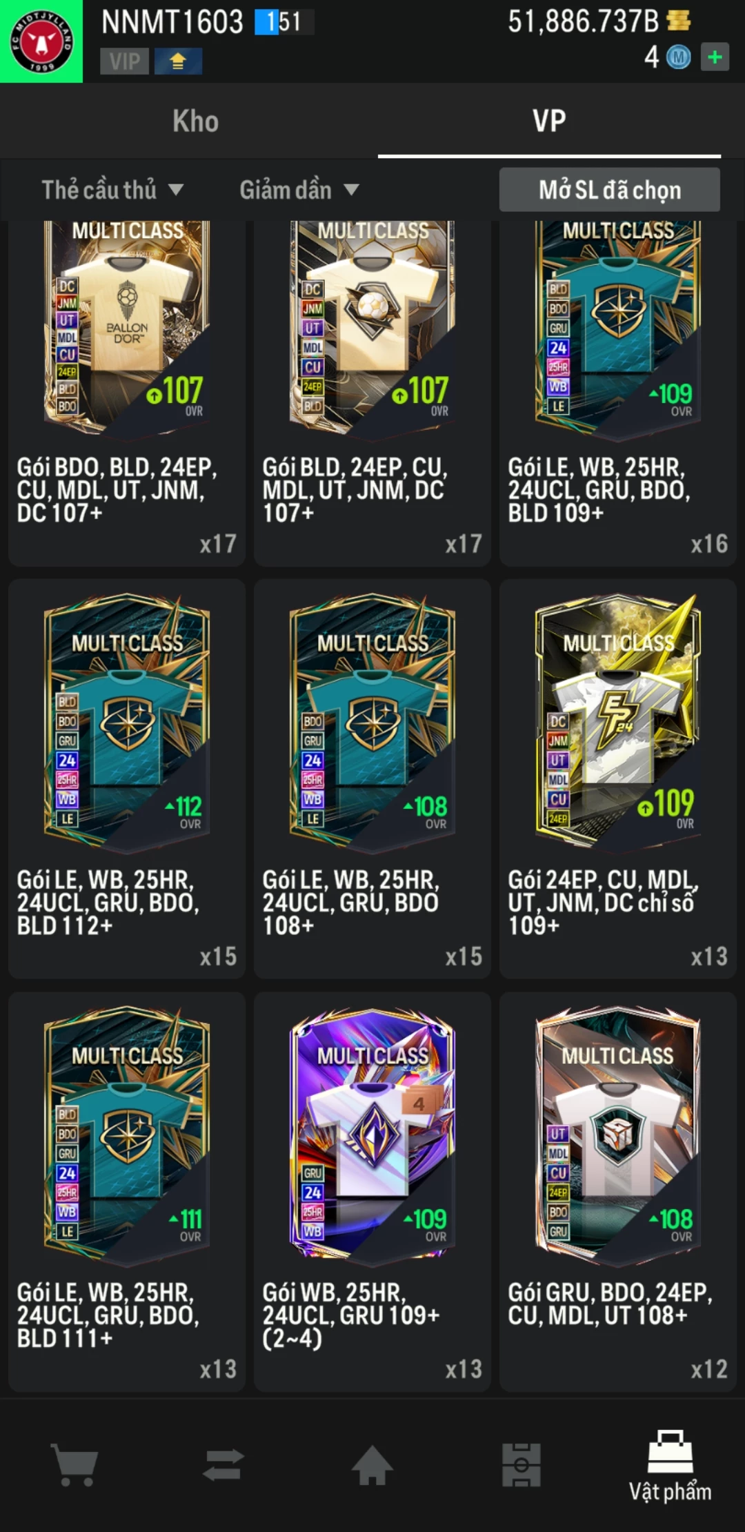 Ảnh ACC mở thẻ (LOẠI SVIP PROMAX) bao gồm có thẻ +12, Thẻ PRIME(QH+, CP+, XS+) và hơn 1500+ đến 1700+ thẻ cầu thủ từ Siêu sao đến Miền núi các loại. Acc có sẵn BP trắng từ 50.000 tỷ BP đến 62.000 tỷ BP